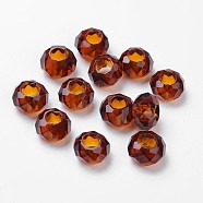 Glass European Beads, Large Hole Beads, No Metal Core, Faceted Rondelle, Chocolate, about 14mm in diameter, 8mm thick, hole: 5mm(N0ZTG091-1)