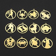 201 Stainless Steel Pendant, Laser Cut, Ring with 12 Constellations, Golden, 20x17.5x1mm, Hole: 1.4mm, 12pcs/set(STAS-Q237-M003-3)