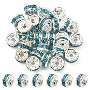 Brass Rhinestone Spacer Beads, Grade A, Straight Flange, Rondelle, Silver, Aquamarine, 6x3mm, Hole: 1mm(RB-YW0001-04C-03S)