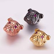 Brass Micro Pave Cubic Zirconia Puppy Beads, Bulldog Head, Mixed Color, 12x13x10.5mm, Hole: 2mm(ZIRC-G099-12)