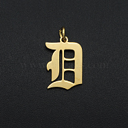 201 Stainless Steel Pendants, with Jump Ring, Old English, Letter, Laser Cut, Golden, Letter.D, 16.5x11x1mm, Hole: 3mm(STAS-R111-JA566-D)