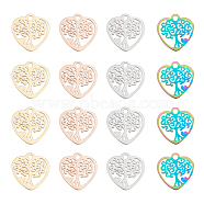 16Pcs 4 Colors 201 Stainless Steel Pendants, Laser Cut, Heart with Tree of Life, Mixed Color, 15.5x15.5x1mm, Hole: 1.8mm, 4pcs/color(STAS-DC0002-83)