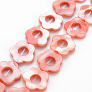 Freshwater Shell Beads Frames Strands, Dyed, Flower, Pink, 14.5~15x15~16x2.5mm, Hole: 1mm, about 23pcs/strand, 13.19 inch(35cm)(SHEL-T009-14C)