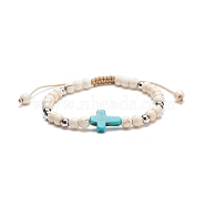 Synthetic Magnesite Braided Bead Bracelet with Synthetic Turquoise(Dyed) Cross, Gemstone Jewelry for Women, Inner Diameter: 2-1/8~3-1/8 inch(5.5~8cm)(BJEW-TA00146-01)