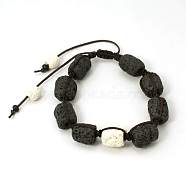 Lava Rock Beads Bracelets, Waxed Cotton Cord with Wood Beads, Style, Black, 48mm, Lava Rock Beads: 9~14x8~11mm, Wood Beads: 5x3mm(BJEW-D257-2)