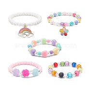 5Pcs 5 Style Round & Heart & Clover Beaded Bracelets Set, Alloy Enamel Flower & Rainbow Charms Stackable Bracelets for Girls, Mixed Color, Inner Diameter: 1-3/4 inch(4.3~4.6cm), 1Pc/style(BJEW-JB08929)