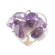 Natural Amethyst Pendants, with Copper Findings and Brass Findings, Heart & Tree, 25.5x27x8mm, Hole: 2.6mm(PALLOY-JF01449-02)
