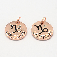 Alloy Pendants, with Rhinestone, Flat Round, with Constellation/Zodiac Sign, Rose Gold, Capricorn, 22x2.5mm, Hole: 5.5mm(X-PALLOY-S083-07RG)