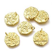 Brass Pendants, with Jump Rings, Hammered, Long-Lasting Plated, Flat Round with Moon, Golden, 18.5x17.5x1.7mm, Hole: 3mm(KK-P189-04G)