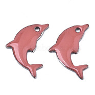 201 Stainless Steel Enamel Pendants, Dolphin, Stainless Steel Color, Indian Red, 17x11.5x1.5mm, Hole: 1.2mm(STAS-N088-16J)