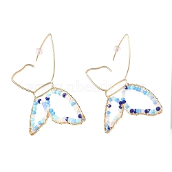 Butterfly Glass Beads Dangle Earrings for Girl Women, Brass Wire Wrapped Earrings, Golden, Cornflower Blue, 72x78x3mm, Pin: 0.8mm(EJEW-JE04657-01)