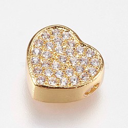 Brass Micro Pave Cubic Zirconia Beads, Heart, Clear, Golden, 9x9.5x4mm, Hole: 1.2mm(KK-I614-055G)