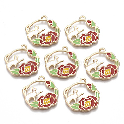 Alloy Pendants, with Enamel, Round Ring with Cat Shape and Flower, Golden, Colorful, 25x22x1.5mm, Hole: 2mm(X-ENAM-S120-007)