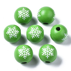 Painted Natural Wood European Beads, Large Hole Beads, Printed, Christmas, Round with Snowflake, Green, 16x15mm, Hole: 4mm(WOOD-S057-040)