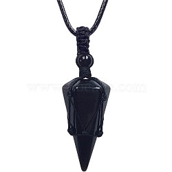 Natural Black Agate Cone Pendant Necklaces, Wax String Macrame Pouch Necklace, 20.08~31.50 inch(51~80cm)(PW-WG75823-06)