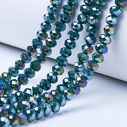 Electroplate Glass Beads Strands, Opaque Solid Color, AB Color Plated, Faceted, Rondelle, Teal, 3.5x3mm, Hole: 0.4mm, about 113~115pcs/strand, 32~33cm(EGLA-A034-P3mm-B10)