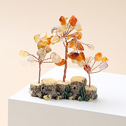 Natural Red Agate Chips Tree of Life Decorations, Mini Resin Stump Base with Copper Wire Feng Shui Energy Stone Gift for Home Office Desktop Decoration, 80x80~100mm(TREE-PW0003-23B)