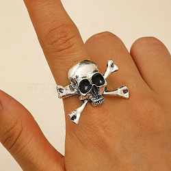 Halloween Adjustable Alloy Finger Rings, Skull, Antique Silver, Inner Diameter: 17mm, Skull: 24.5x31.5mm(RJEW-C147-01A-AS)