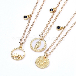 Pendant Necklaces, with Flat Round Brass Pendant, Cubic Zirconia Charms, Shell and Lobster Claw Clasps, Golden, 15.9~16 inch(40.5~40.7cm), 3pcs/set(NJEW-JN02810)
