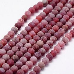 Frosted Natural Weathered Agate Beads Strands, Round, Dyed & Heated, Red, 8mm, Hole: 1mm, about 48pcs/strand, 14.5 inch(G-F367-8mm-04)