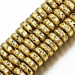 Electroplated Natural Lava Rock Beads Strands, Heishi Beads, Flat Round/Disc, Bumpy, Golden Plated, 8x4mm, Hole: 1.2mm, about 105pcs/strand, 15.75 inch(40cm)(G-T114-67G)