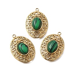 Natural Malachite Pendants, with Vacuum Plating 201 Stainless Steel Findings, Oval, 21x15x5mm, Hole: 1.5mm(STAS-C111-55G)