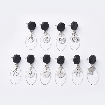 (Jewelry Parties Factory Sale)Dangle Earrings, with Pear Wood Beads, Steel Memory Wire, Plastic Ear Nuts, 304 Stainless Steel Stud Earring Findings and Charms, Mixed Shapes, Stainless Steel Color, 50mm, Pin: 0.7mm