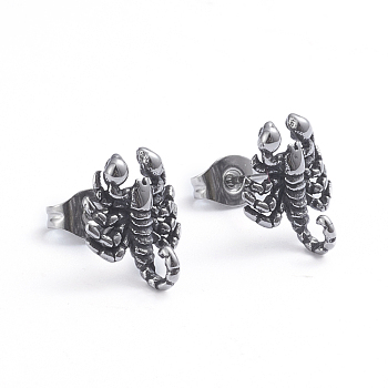 Retro 304 Stainless Steel Stud Earrings, with Ear Nuts, Scorpion, Antique Silver, 11.5x10mm, Pin: 0.7mm