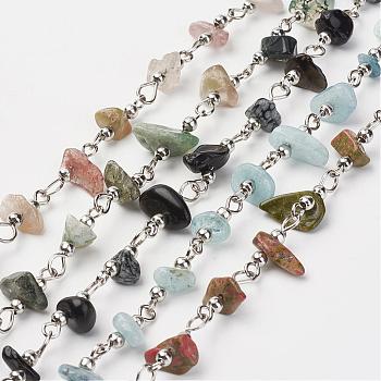 Natural Gemstone Chips Handmade Beaded Chains, Unwelded, with Brass Beads and Iron Pins, Platinum, 39.37 inch(1m)