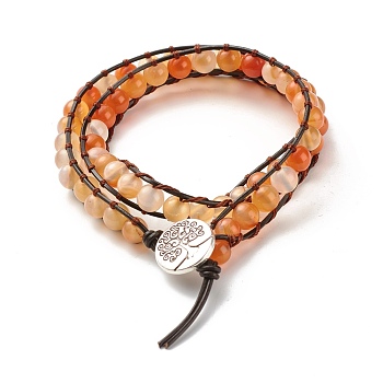 Natural Carnelian Round Beads 2 Raw Wrap Bracelet, Tree of Life Charm Leather Wrap Bracelet for Girl Women, 16-1/2 inch(42cm)