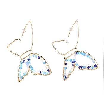 Butterfly Glass Beads Dangle Earrings for Girl Women, Brass Wire Wrapped Earrings, Golden, Cornflower Blue, 72x78x3mm, Pin: 0.8mm