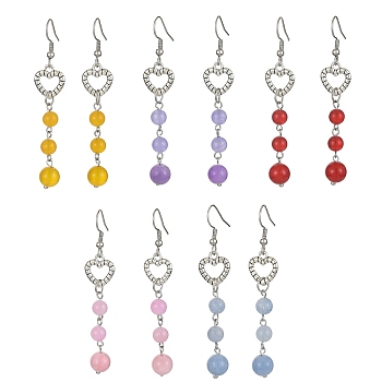 Natural Mixed Gemstone Dangle Earrings, Alloy Heart Long Drop Earings with 304 Stainless Steel Pins, 64x12mm