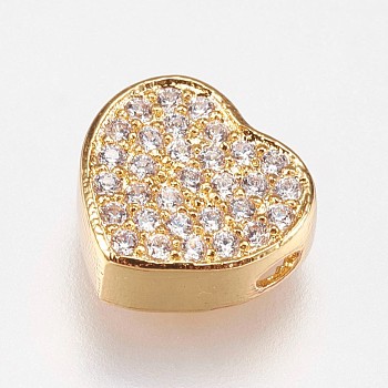 Brass Micro Pave Cubic Zirconia Beads, Heart, Clear, Golden, 9x9.5x4mm, Hole: 1.2mm
