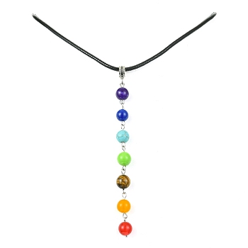 Natural & Synthetic Chakra Gemstone Pendant Necklaces, Imitation Leather Cord Mecklaces for Women, 17-7/8 inch(45.4cm)