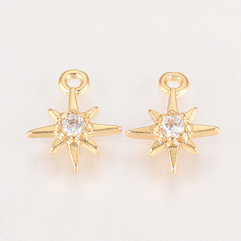 Brass Cubic Zirconia Charms, Star, Nickel Free, Real 18K Gold Plated, 10.5x8.5x2mm, Hole: 1mm