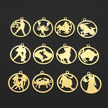 201 Stainless Steel Pendant, Laser Cut, Ring with 12 Constellations, Golden, 20x17.5x1mm, Hole: 1.4mm, 12pcs/set