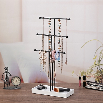 3-Tier Iron T-Bar Jewelry Display Risers, Jewelry Organizer Holder with White Wooden Base, for Bracelets Necklaces Storage, Electrophoresis Black, 11x24x45cm