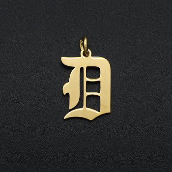 201 Stainless Steel Pendants, with Jump Ring, Old English, Letter, Laser Cut, Golden, Letter.D, 16.5x11x1mm, Hole: 3mm