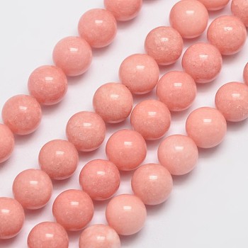Natural Malaysia Jade Beads Strands, Imitation Rhodochrosite, Round, Dyed, Salmon, 10mm, Hole: 1mm, about 38pcs/strand, 15 inch