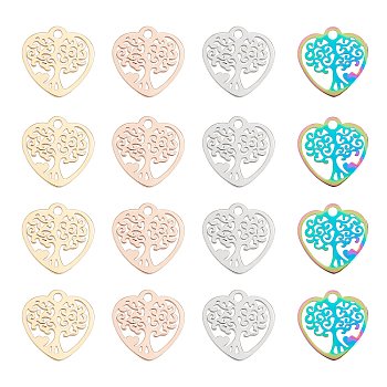 16Pcs 4 Colors 201 Stainless Steel Pendants, Laser Cut, Heart with Tree of Life, Mixed Color, 15.5x15.5x1mm, Hole: 1.8mm, 4pcs/color