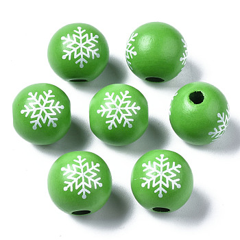 Painted Natural Wood European Beads, Large Hole Beads, Printed, Christmas, Round with Snowflake, Green, 16x15mm, Hole: 4mm