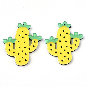 Cellulose Acetate(Resin) Pendants, Cactus, Yellow, 40x34x3.5mm, Hole: 1.4mm