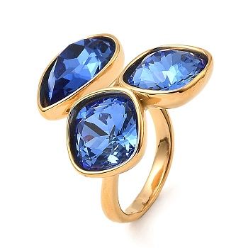 Teardrop & Square Glass Open Cuff Rings, Real 18K Gold Plated 304 Stainless Steel Ring, Royal Blue, US Size 7 1/4(17.5mm)