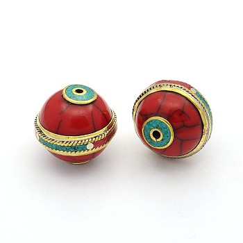 Handmade Tibetan Style Flat Round Beads, Brass Findings with Turquoise, Antique Golden, Red, 24mm, Hole: 2mm