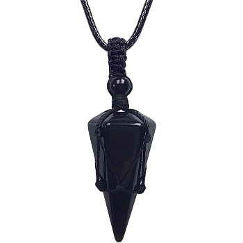 Natural Black Agate Cone Pendant Necklaces, Wax String Macrame Pouch Necklace, 20.08~31.50 inch(51~80cm)