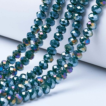 Electroplate Glass Beads Strands, Opaque Solid Color, AB Color Plated, Faceted, Rondelle, Teal, 3.5x3mm, Hole: 0.4mm, about 123~127pcs/strand, 13.7~14.1 inch(35~36cm)