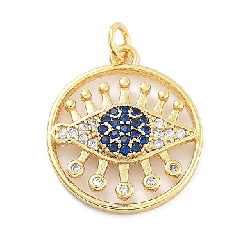 Evil Eye Rack Plating Brass Micro Pave Cubic Zirconia Pendants, Long-Lasting Plated, Lead Free & Cadmium Free, Marine Blue, 22x19x4mm, Hole: 0.9mm