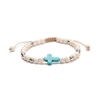 Synthetic Magnesite Braided Bead Bracelet with Synthetic Turquoise(Dyed) Cross, Gemstone Jewelry for Women, Inner Diameter: 2-1/8~3-1/8 inch(5.5~8cm)