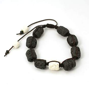 Lava Rock Beads Bracelets, Waxed Cotton Cord with Wood Beads, Style, Black, 48mm, Lava Rock Beads: 9~14x8~11mm, Wood Beads: 5x3mm