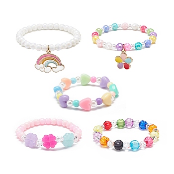 5Pcs 5 Style Round & Heart & Clover Beaded Bracelets Set, Alloy Enamel Flower & Rainbow Charms Stackable Bracelets for Girls, Mixed Color, Inner Diameter: 1-3/4 inch(4.3~4.6cm), 1Pc/style